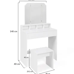 Coiffeuse 3 miroirs blanche avec 4 niches, 1 tiroir et tabouret*IDMarket Outlet