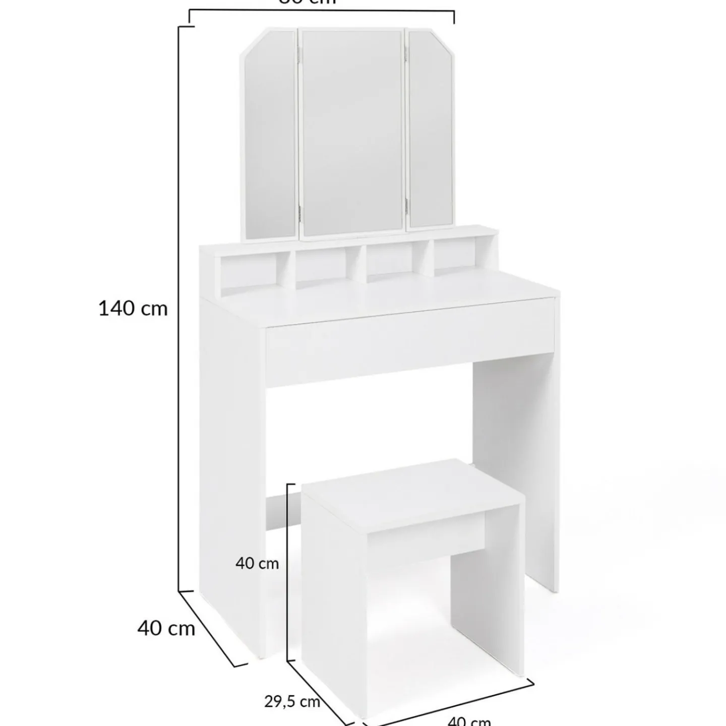 Coiffeuse 3 miroirs blanche avec 4 niches, 1 tiroir et tabouret*IDMarket Outlet