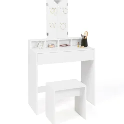 Coiffeuse 3 miroirs blanche avec 4 niches, 1 tiroir et tabouret*IDMarket Outlet