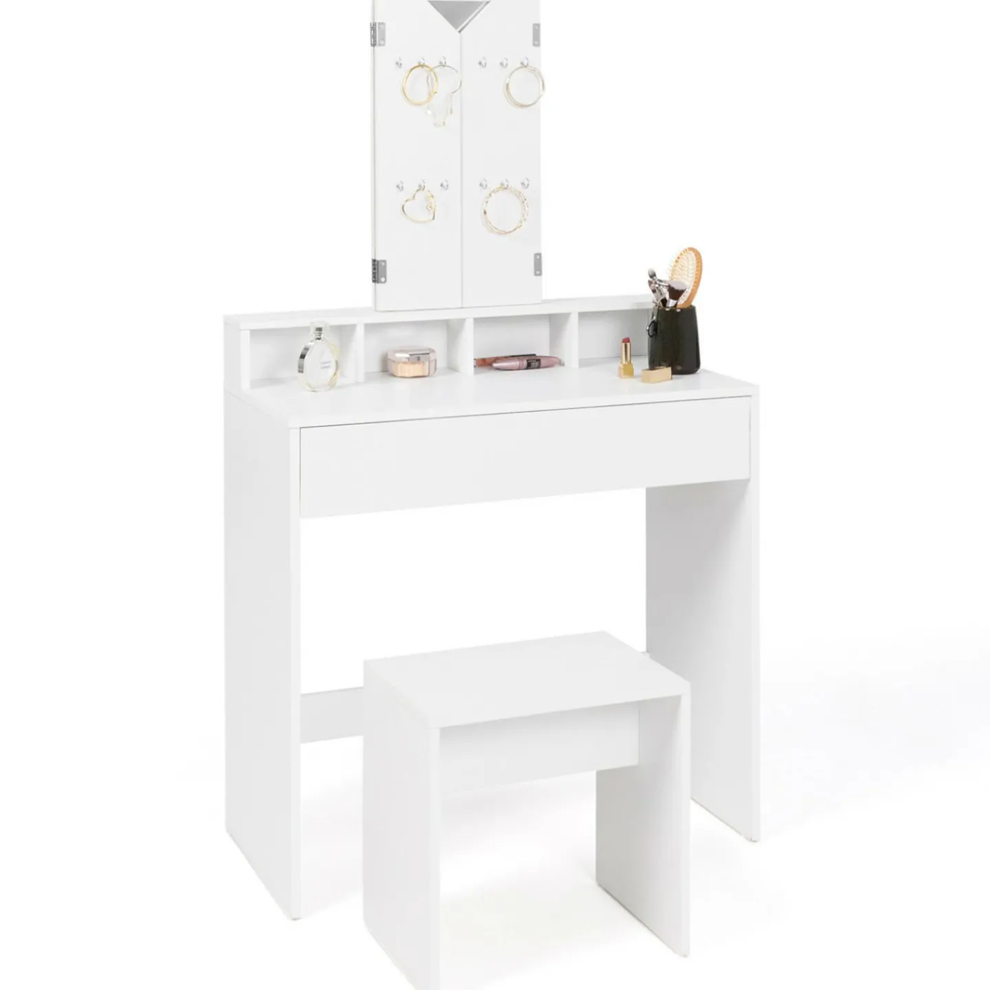 Coiffeuse 3 miroirs blanche avec 4 niches, 1 tiroir et tabouret*IDMarket Outlet