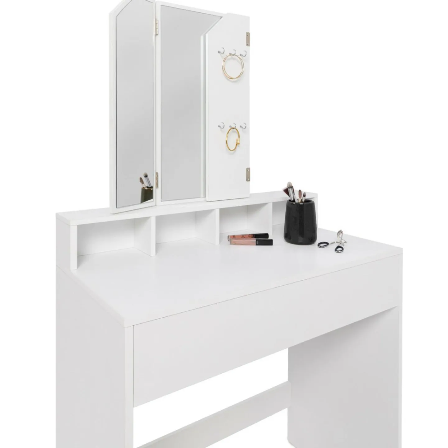 Coiffeuse 3 miroirs blanche avec 4 niches, 1 tiroir et tabouret*IDMarket Outlet
