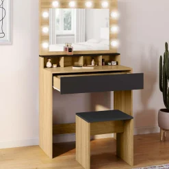 Coiffeuse avec miroir LED noir et hêtre*IDMarket Outlet