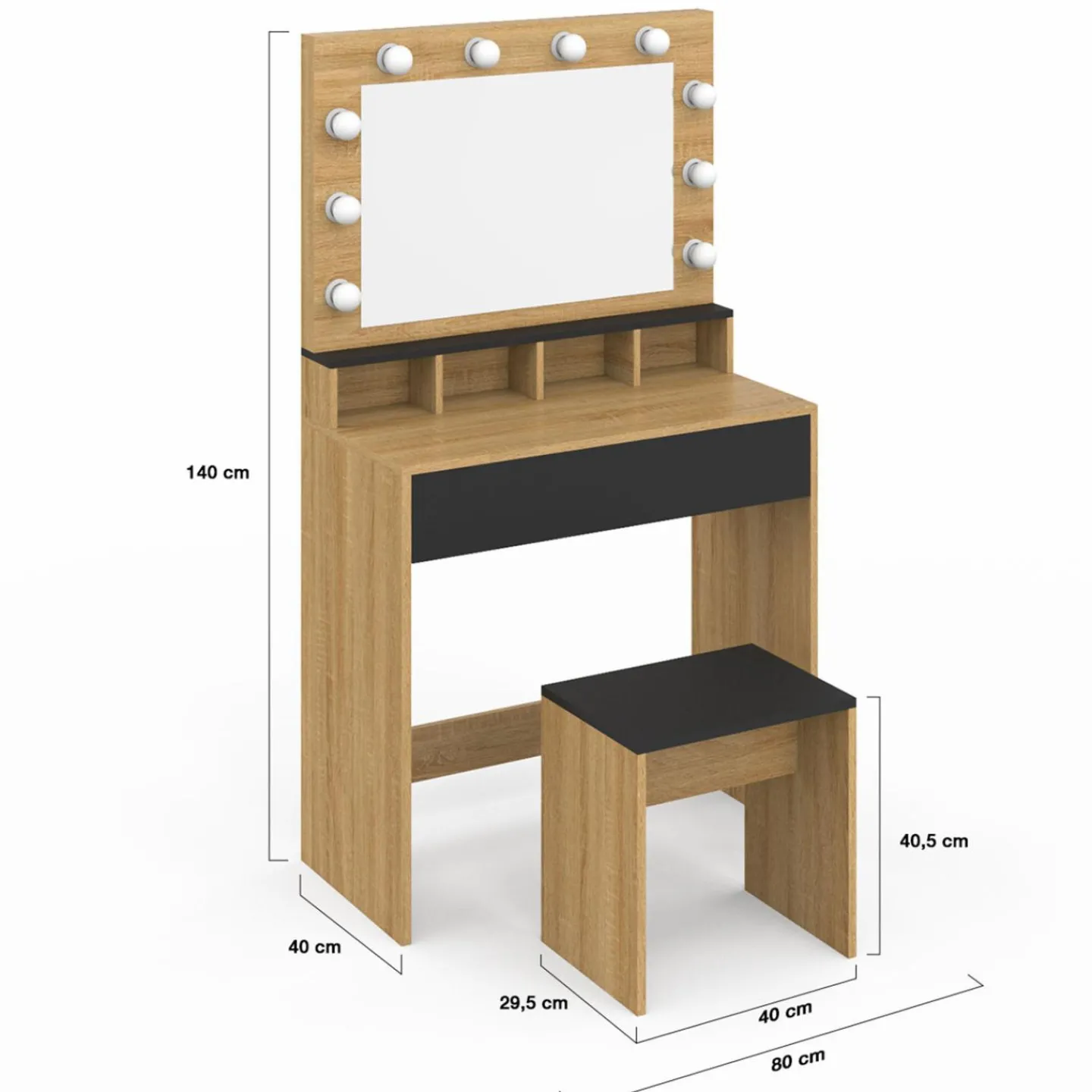 Coiffeuse avec miroir LED noir et hêtre*IDMarket Outlet