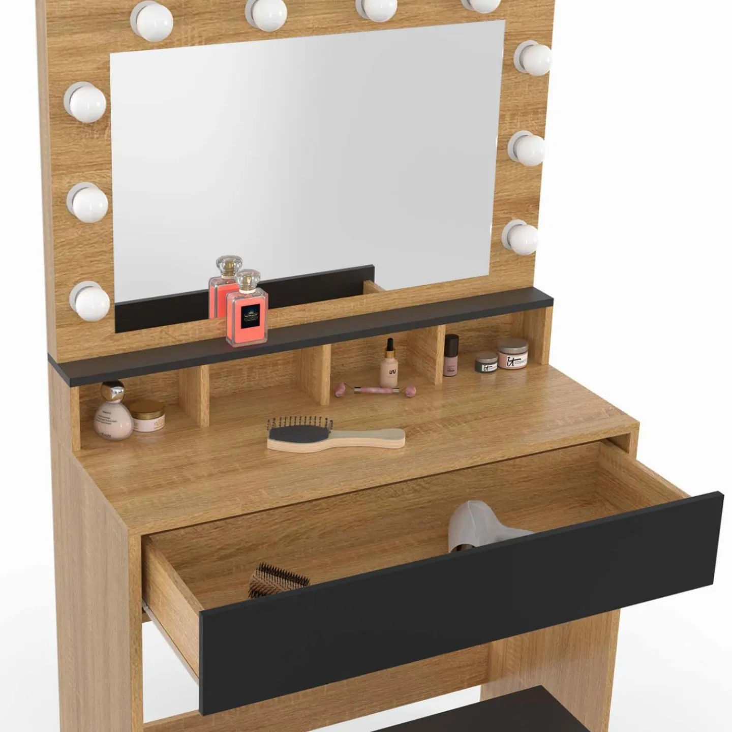 Coiffeuse avec miroir LED noir et hêtre*IDMarket Outlet