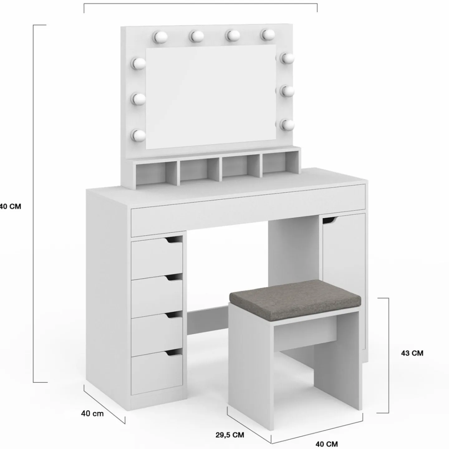 Coiffeuse avec miroir LED blanche, niches, tiroirs, rangements et tabouret*IDMarket Hot