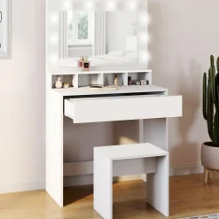 Coiffeuse avec miroir LED et tabouret, 4 niches, 1 tiroir*IDMarket Hot