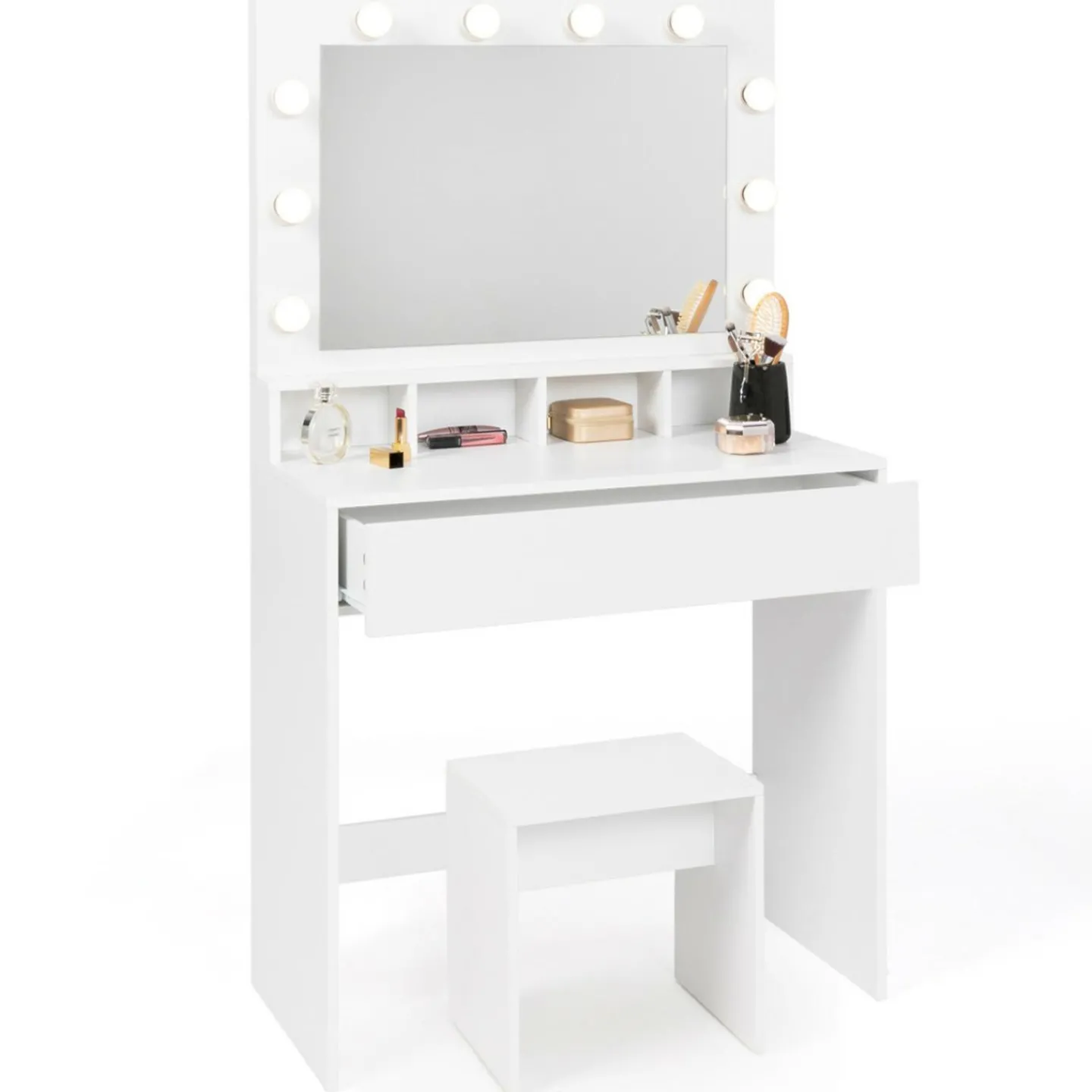 Coiffeuse avec miroir LED et tabouret, 4 niches, 1 tiroir*IDMarket Hot