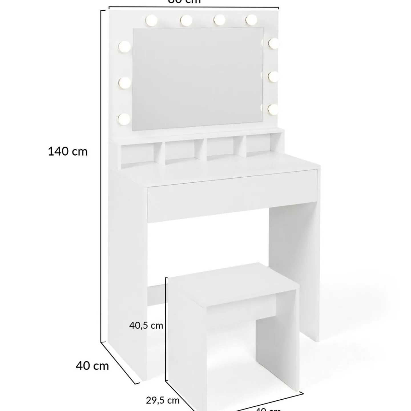 Coiffeuse avec miroir LED et tabouret, 4 niches, 1 tiroir*IDMarket Hot