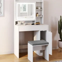 Coiffeuse blanche avec miroir LED et rangements*IDMarket Best