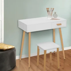 Coiffeuse blanche scandinave avec miroir LED rabattable et tabouret*IDMarket Online