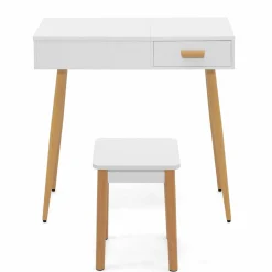 Coiffeuse blanche scandinave avec miroir LED rabattable et tabouret*IDMarket Online