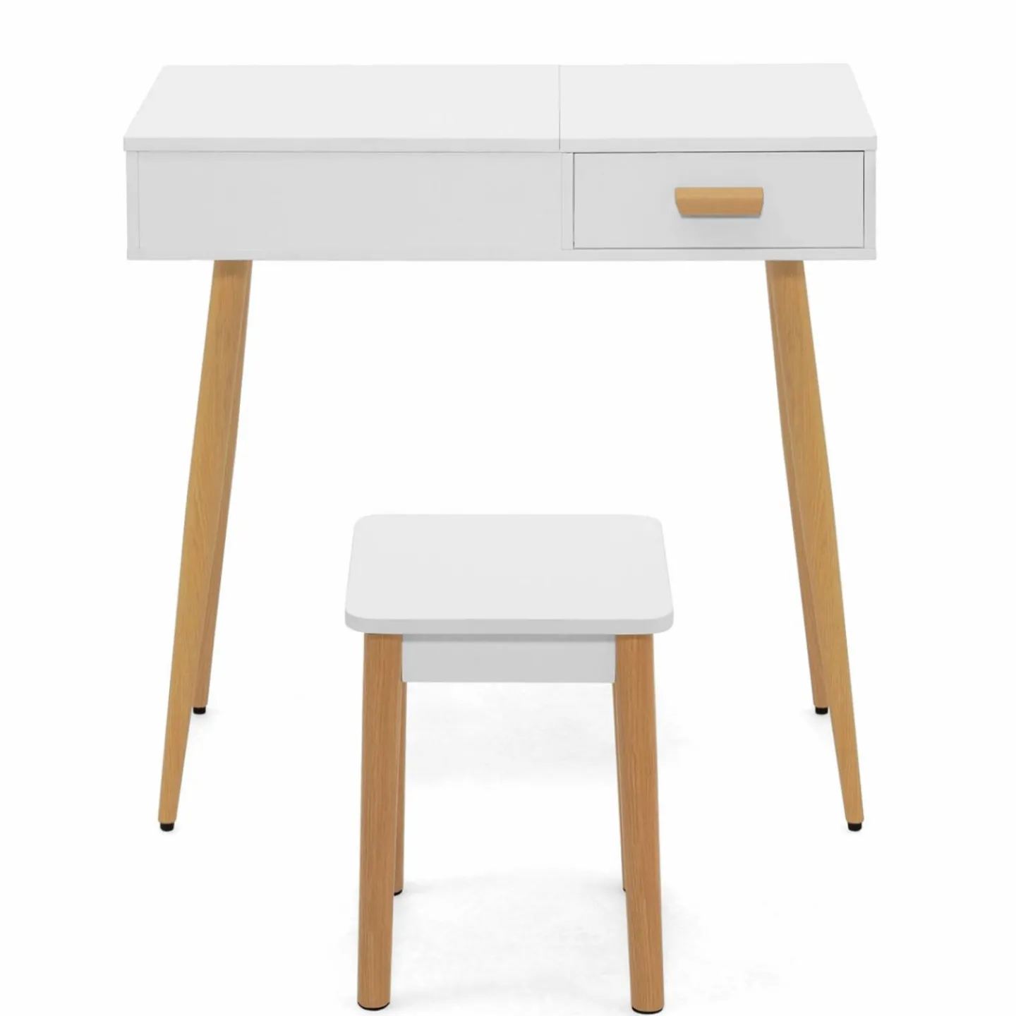 Coiffeuse blanche scandinave avec miroir LED rabattable et tabouret*IDMarket Online