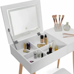 Coiffeuse blanche scandinave avec miroir LED rabattable et tabouret*IDMarket Online