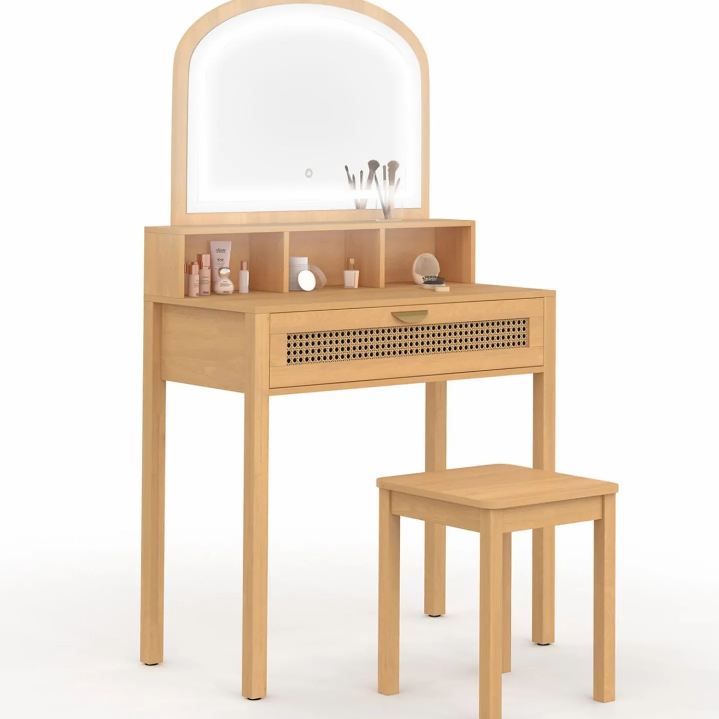 Coiffeuse bois et cannage avec miroir LED, niches, tiroir + tabouret*IDMarket Hot