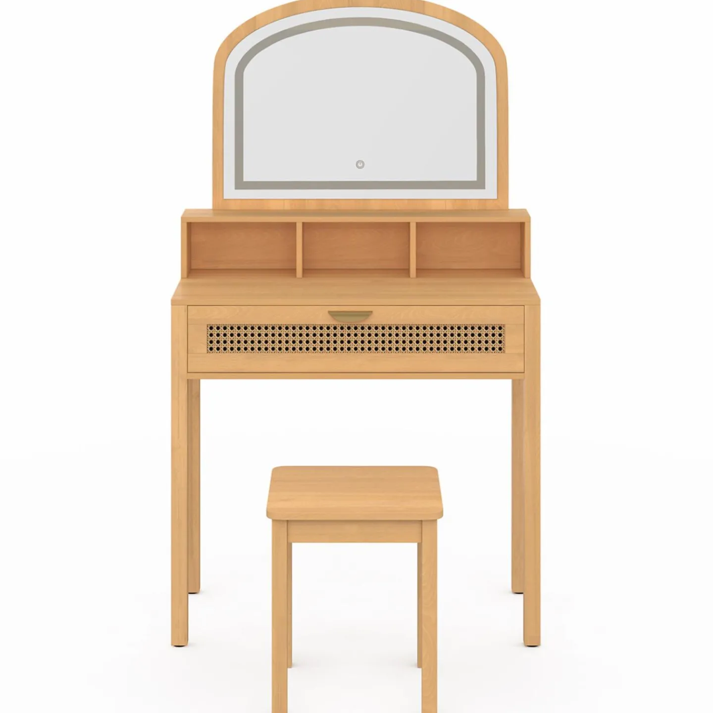 Coiffeuse bois et cannage avec miroir LED, niches, tiroir + tabouret*IDMarket Hot