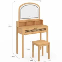 Coiffeuse bois et cannage avec miroir LED, niches, tiroir + tabouret*IDMarket Hot
