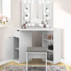 Coiffeuse d'angle blanche avec 3 miroirs LED, étagères, tiroir, rangements et tabouret*IDMarket
