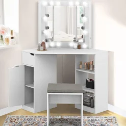 Coiffeuse d'angle blanche avec 3 miroirs LED, étagères, tiroir, rangements et tabouret*IDMarket