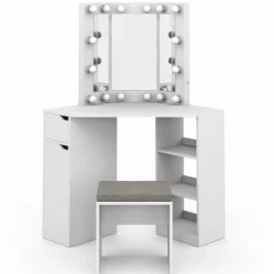 Coiffeuse d'angle blanche avec 3 miroirs LED, étagères, tiroir, rangements et tabouret*IDMarket