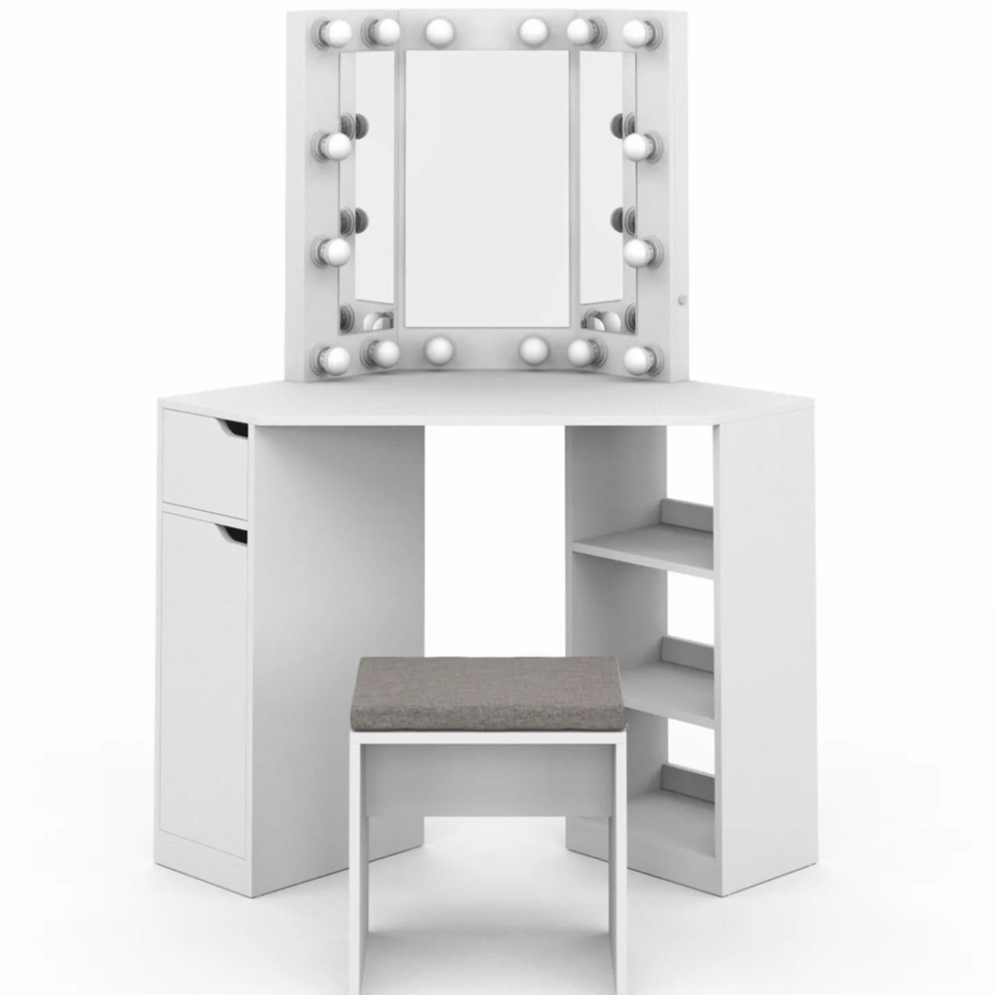 Coiffeuse d'angle blanche avec 3 miroirs LED, étagères, tiroir, rangements et tabouret*IDMarket