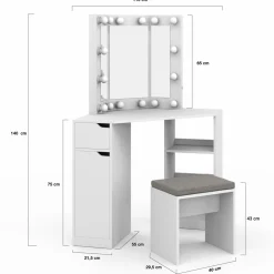 Coiffeuse d'angle blanche avec 3 miroirs LED, étagères, tiroir, rangements et tabouret*IDMarket