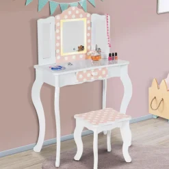 Coiffeuse enfant blanche et rose avec 3 miroirs et tabouret*IDMarket Hot