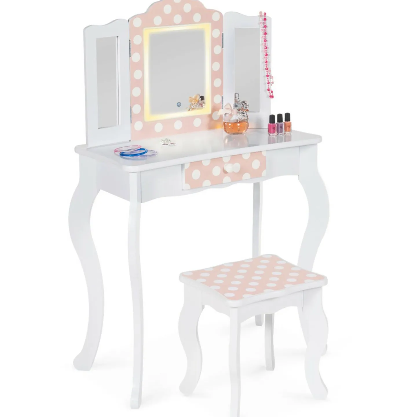 Coiffeuse enfant blanche et rose avec 3 miroirs et tabouret*IDMarket Hot