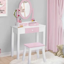 Coiffeuse enfant rose et blanche avec miroir et tabouret*IDMarket New