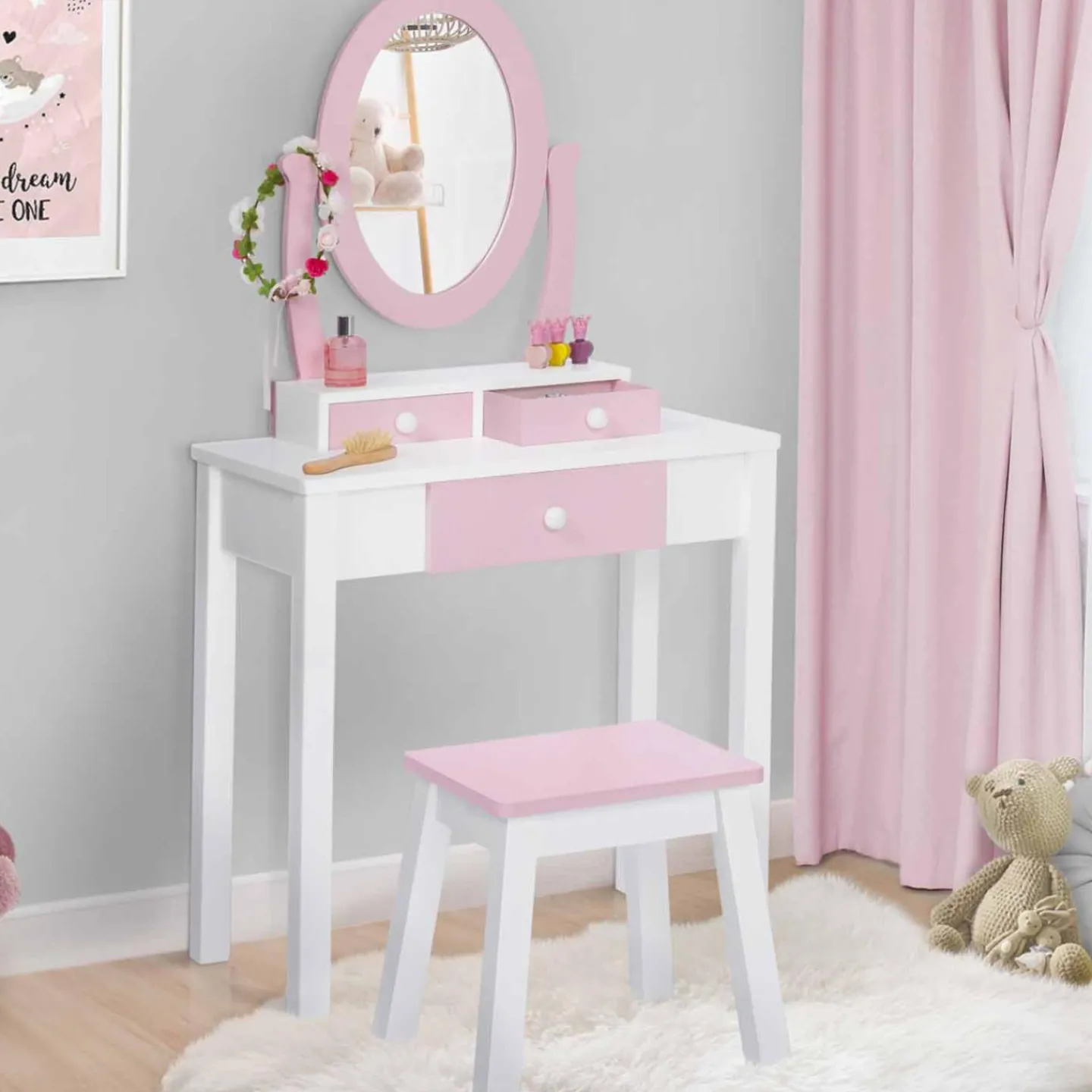 Coiffeuse enfant rose et blanche avec miroir et tabouret*IDMarket New