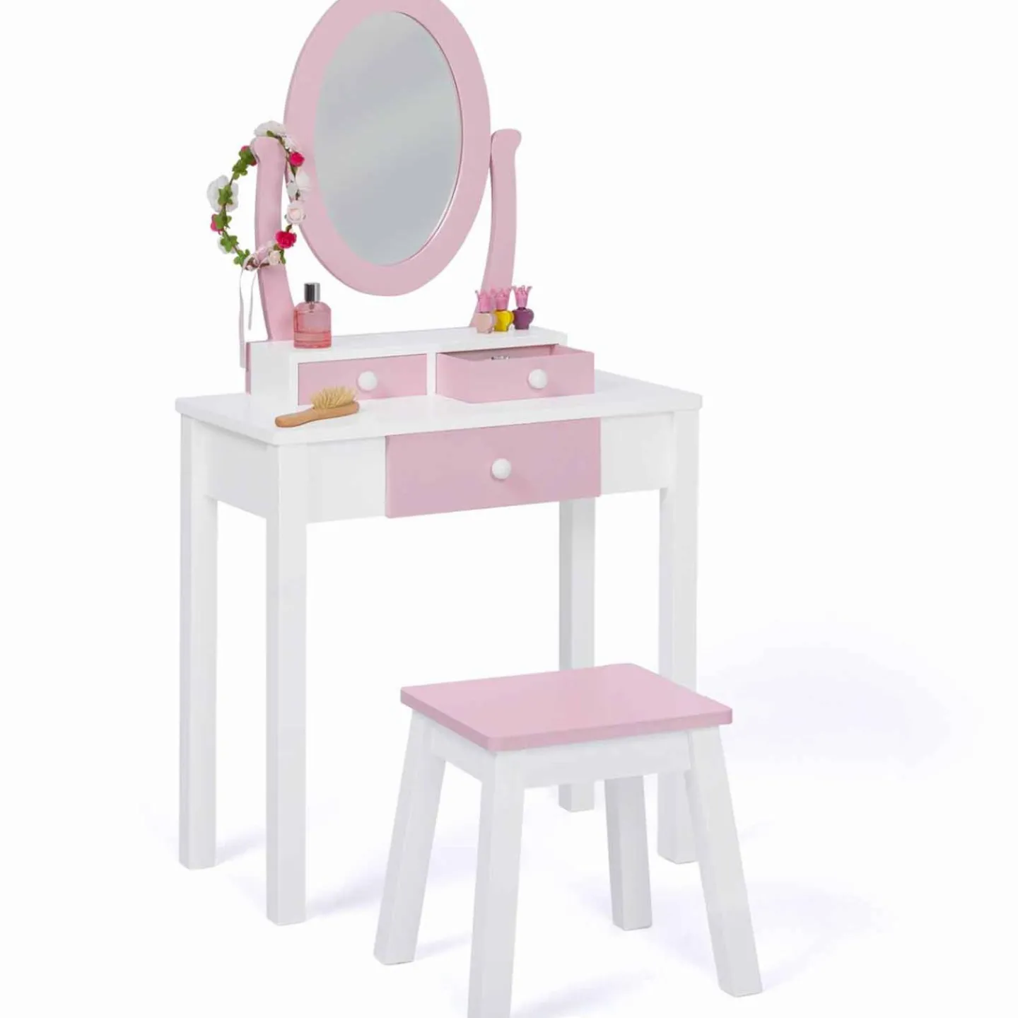Coiffeuse enfant rose et blanche avec miroir et tabouret*IDMarket New