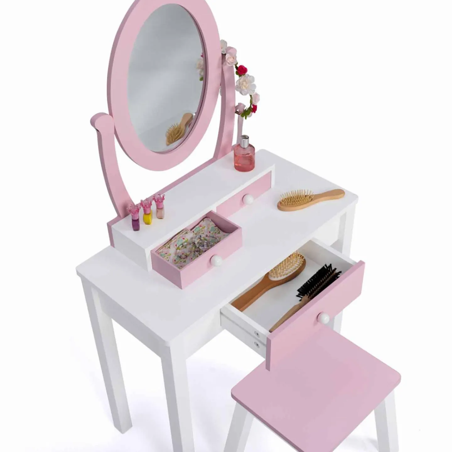 Coiffeuse enfant rose et blanche avec miroir et tabouret*IDMarket New