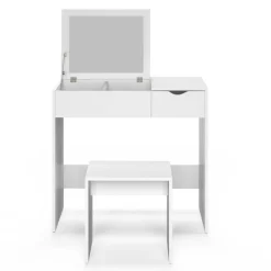 Coiffeuse miroir rabattable blanche 2 tiroirs et tabouret*IDMarket New