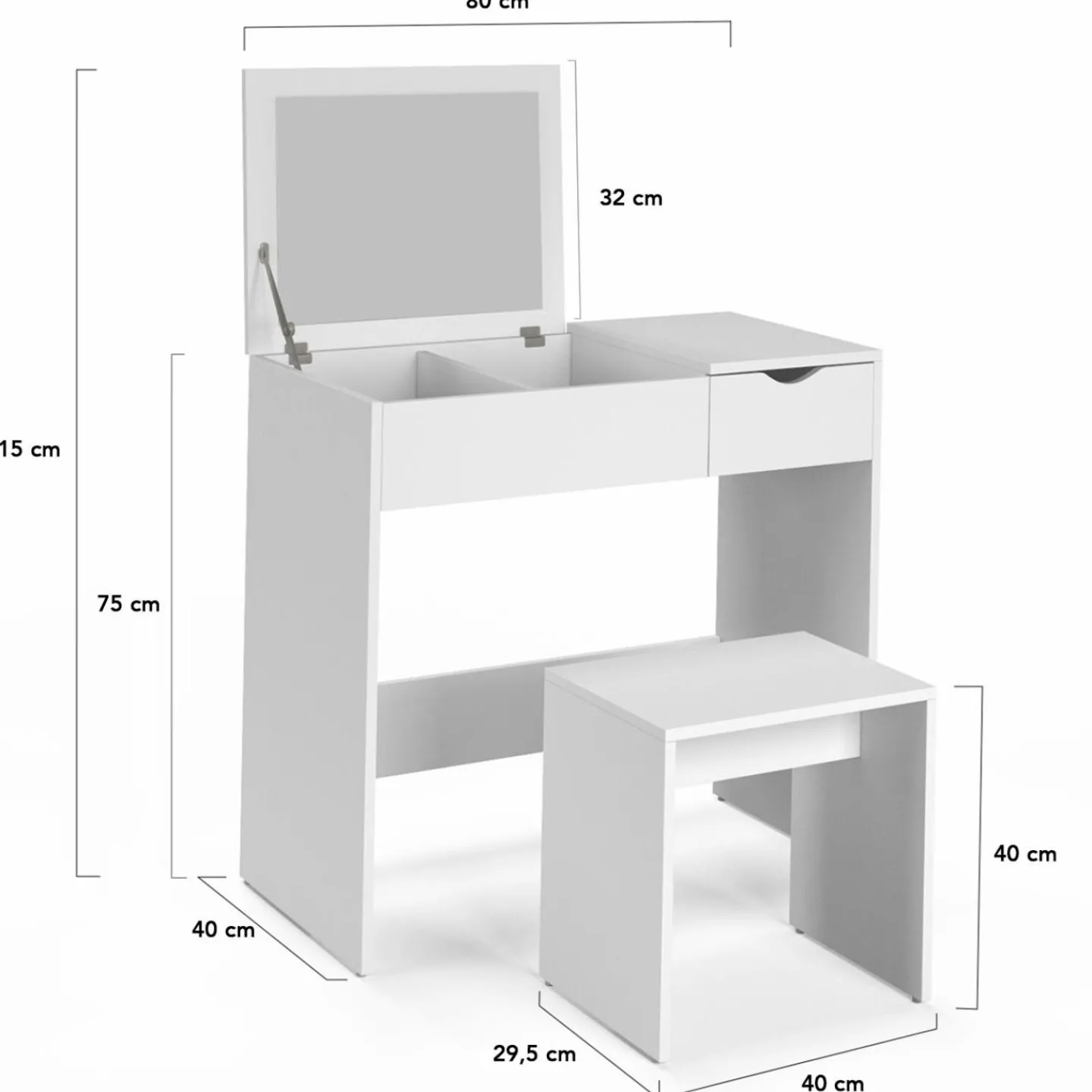 Coiffeuse miroir rabattable blanche 2 tiroirs et tabouret*IDMarket New