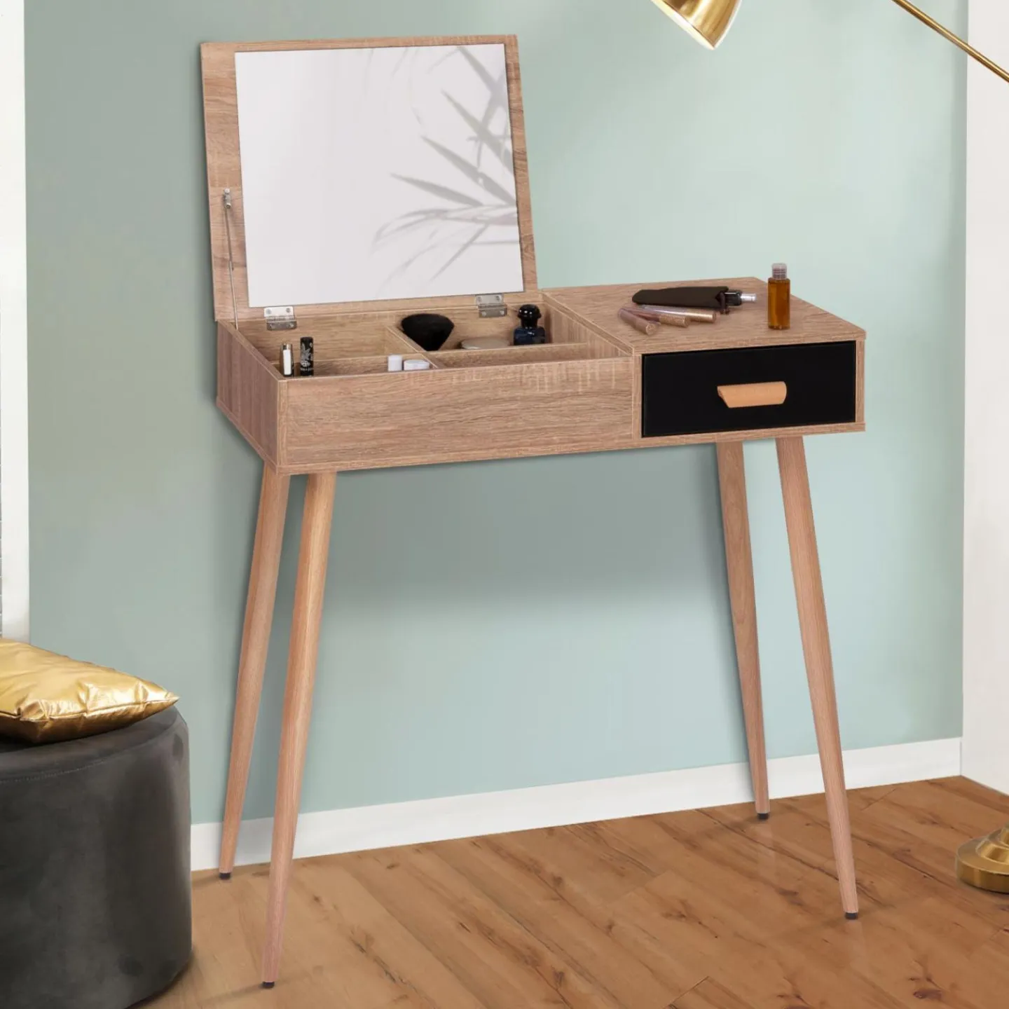 Coiffeuse scandinave miroir rabattable hêtre et noir*IDMarket Discount