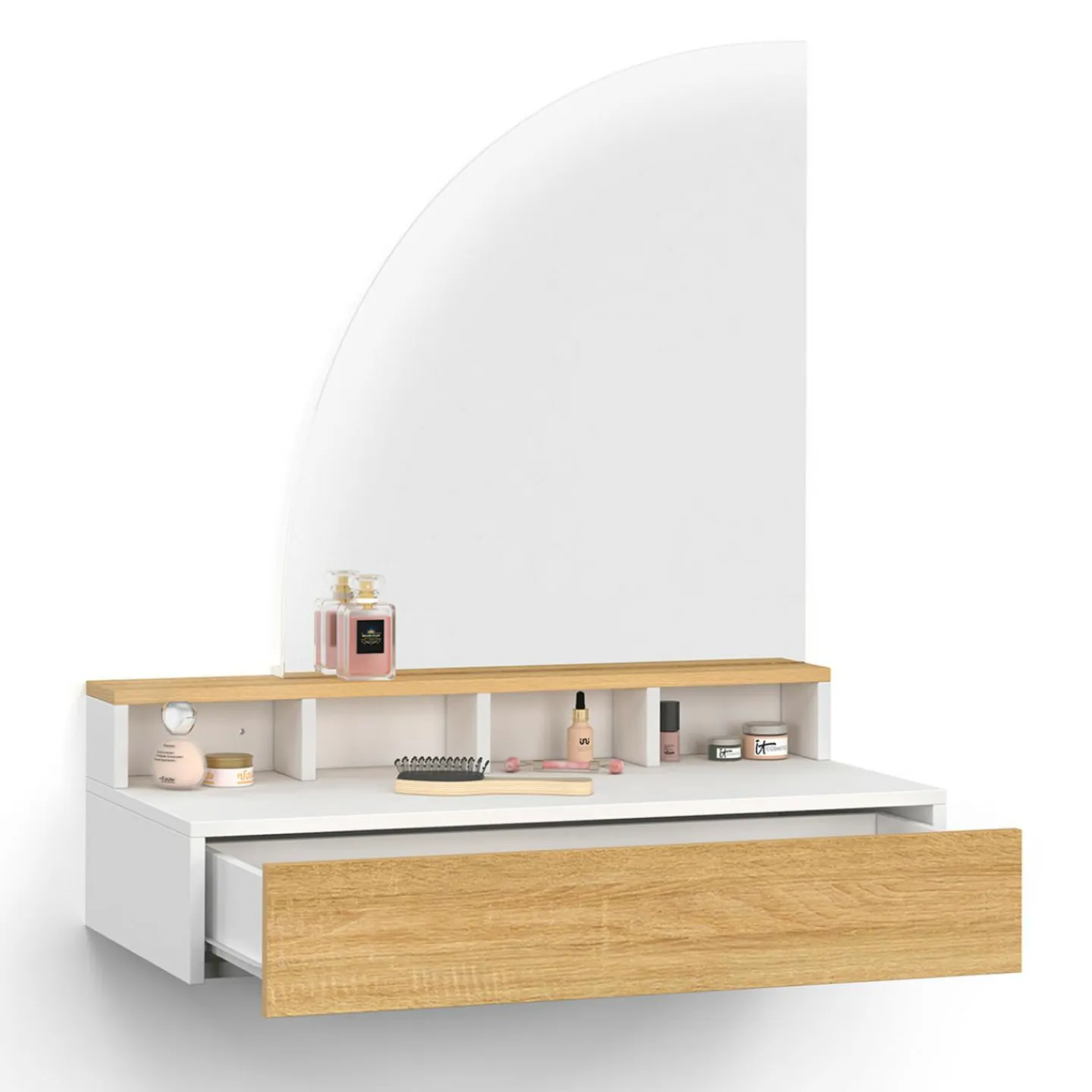 Coiffeuse suspendue miroir LED avec 4 niches, 1 tiroir bois et blanc*IDMarket New