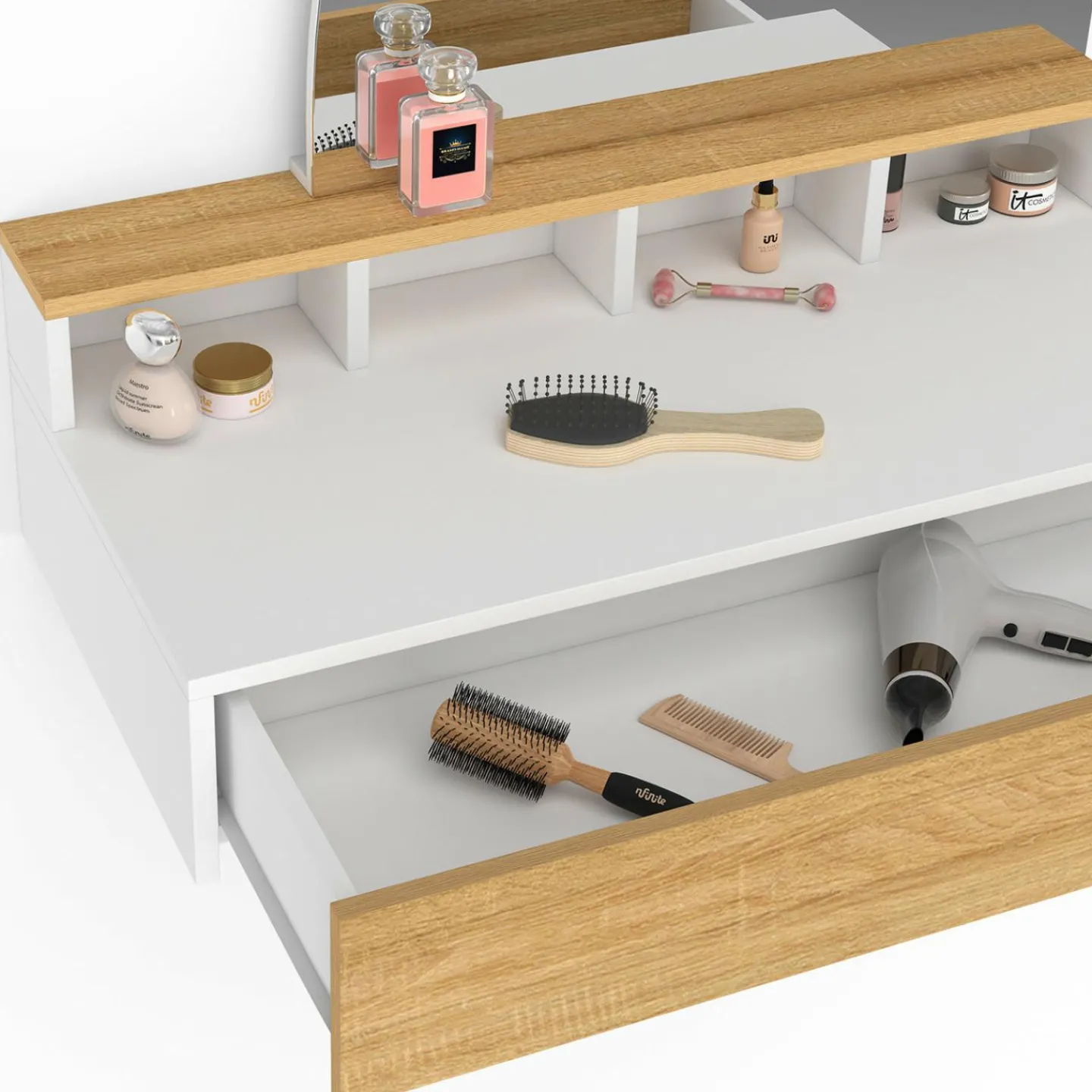 Coiffeuse suspendue miroir LED avec 4 niches, 1 tiroir bois et blanc*IDMarket New