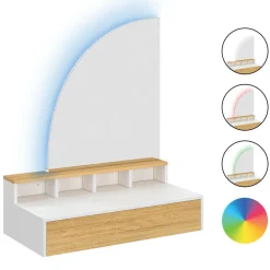 Coiffeuse suspendue miroir LED avec 4 niches, 1 tiroir bois et blanc*IDMarket New