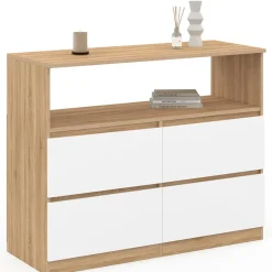 Commode 100 cm 4 tiroirs avec niche façon hêtre et blanc*IDMarket Sale