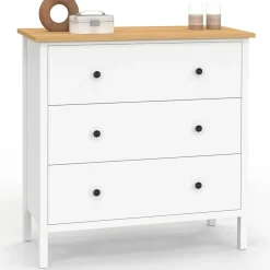 Commode 80 cm 3 tiroirs bois blanc plateau bois*IDMarket Hot