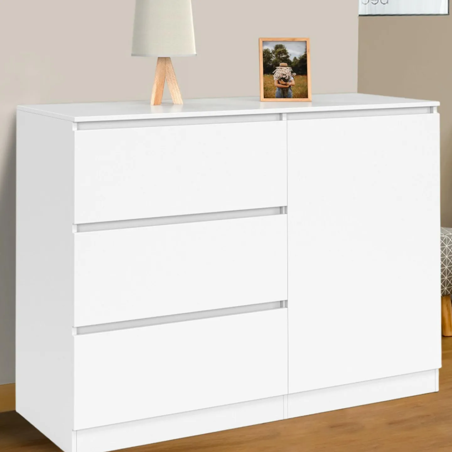 Commode 3 tiroirs + 1 porte 110 cm bois blanc*IDMarket Discount