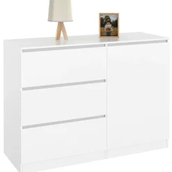 Commode 3 tiroirs + 1 porte 110 cm bois blanc*IDMarket Discount