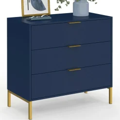 Commode 3 tiroirs 80 cm bleu nuit et finitions dorées*IDMarket Best