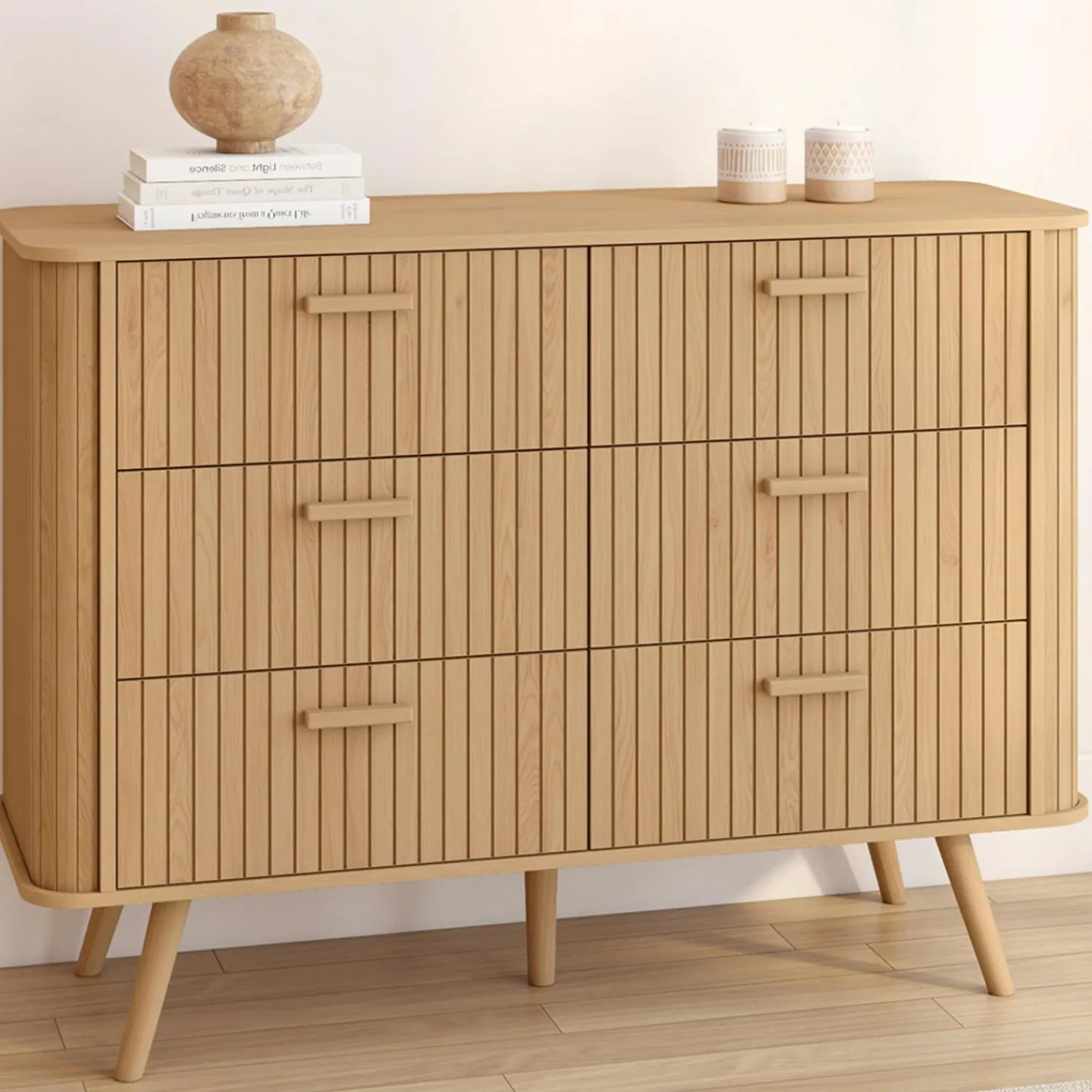 Commode 6 tiroirs 110 cm lattes tasseau bois coloris chêne*IDMarket Sale