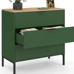 Commode 3 tiroirs 80 cm vert kaki et plateau bois*IDMarket Hot