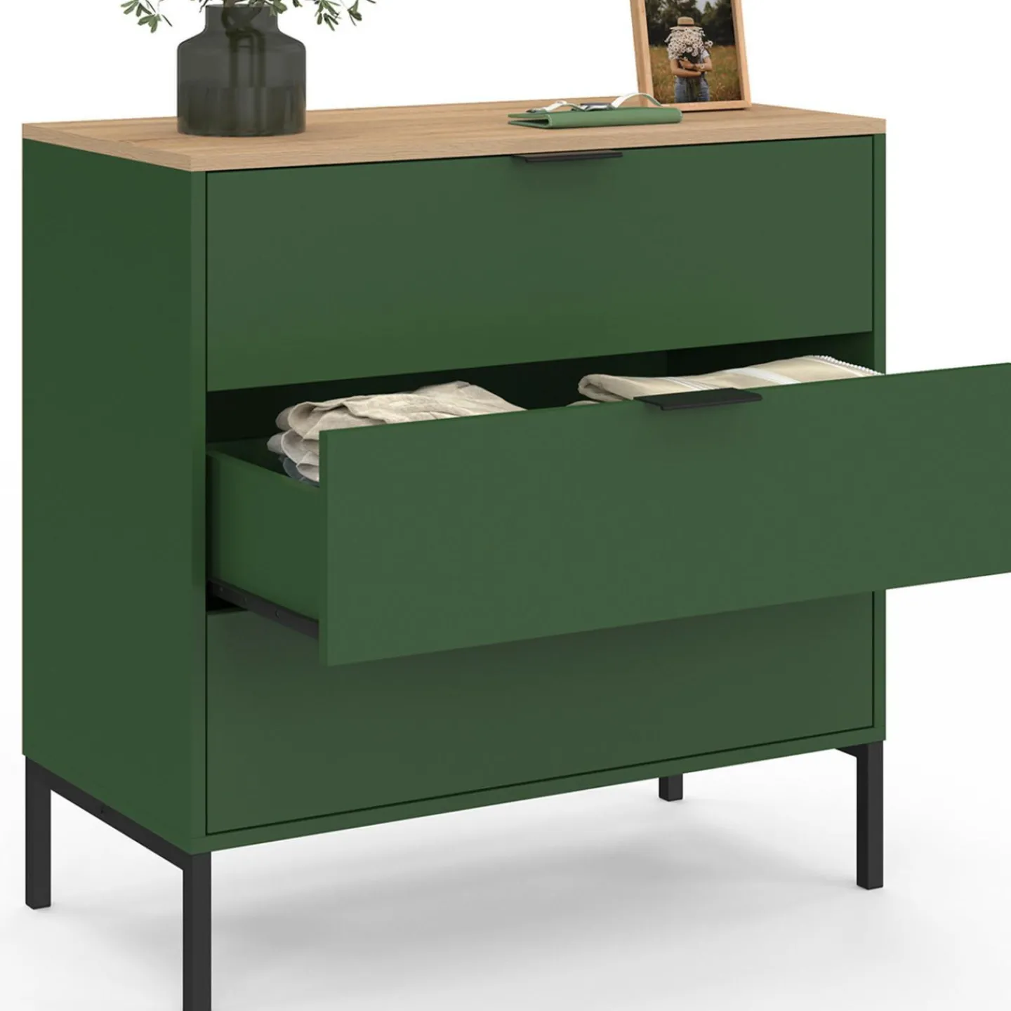 Commode 3 tiroirs 80 cm vert kaki et plateau bois*IDMarket Hot