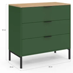 Commode 3 tiroirs 80 cm vert kaki et plateau bois*IDMarket Hot