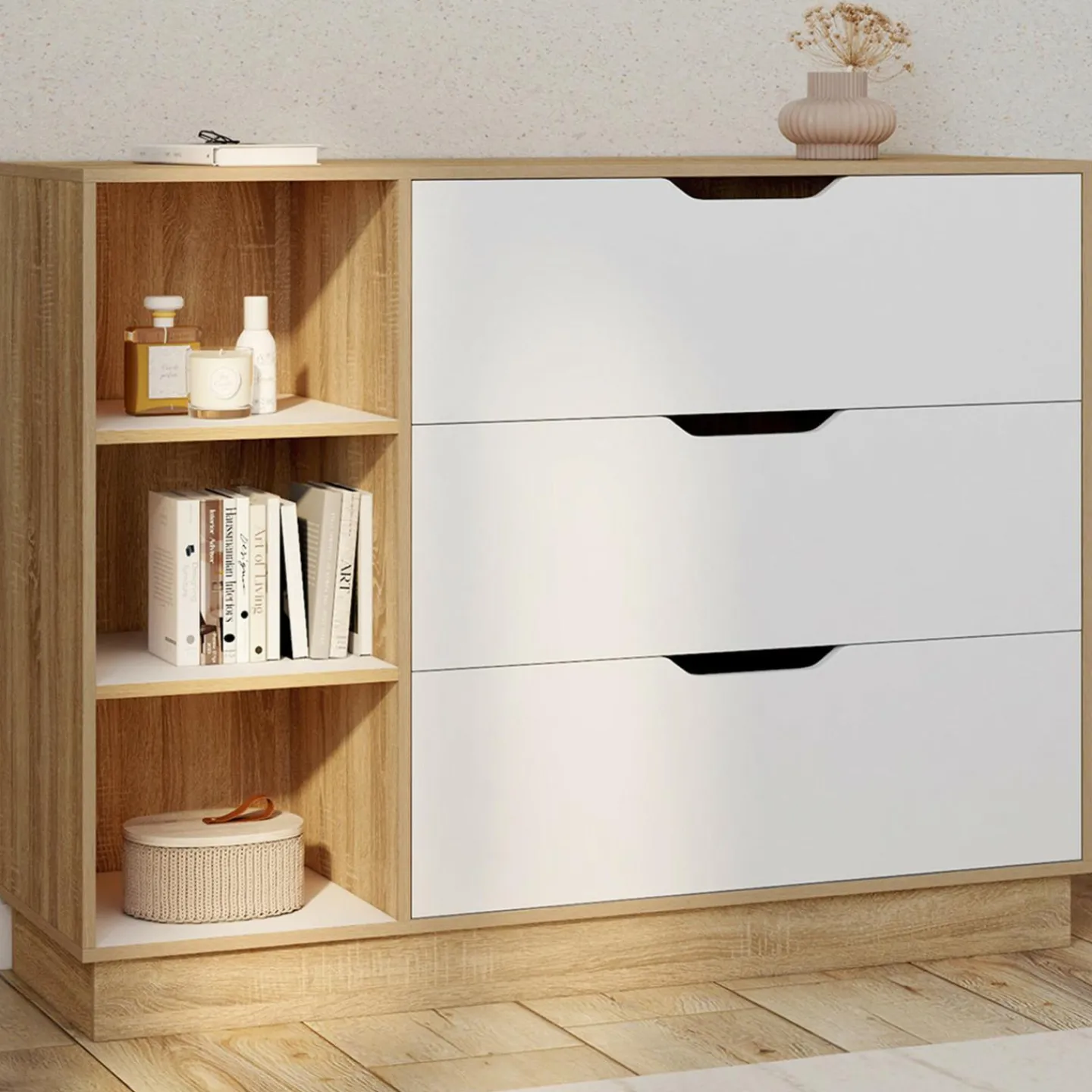 Commode 3 tiroirs 3 niches hêtre blanc*IDMarket Discount