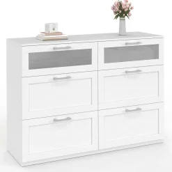 Commode 6 tiroirs bois et blanc effet givré*IDMarket Outlet