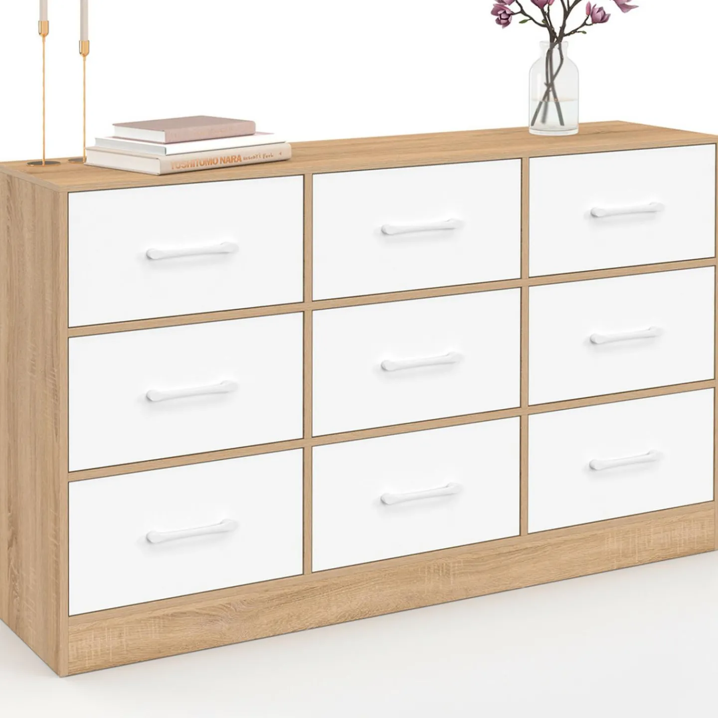 Commode 9 tiroirs en tissu 113 cm meuble de rangement bois façon hêtre et blanc*IDMarket Hot