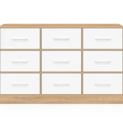 Commode 9 tiroirs en tissu 113 cm meuble de rangement bois façon hêtre et blanc*IDMarket Hot